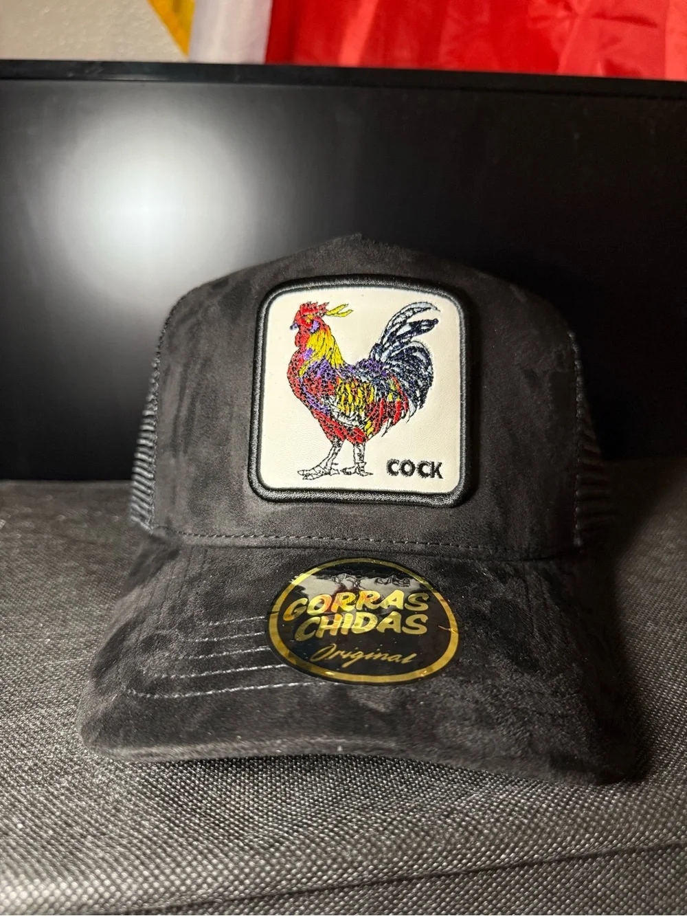 Men's Black Trucker Hat with Colorful Rooster Patch